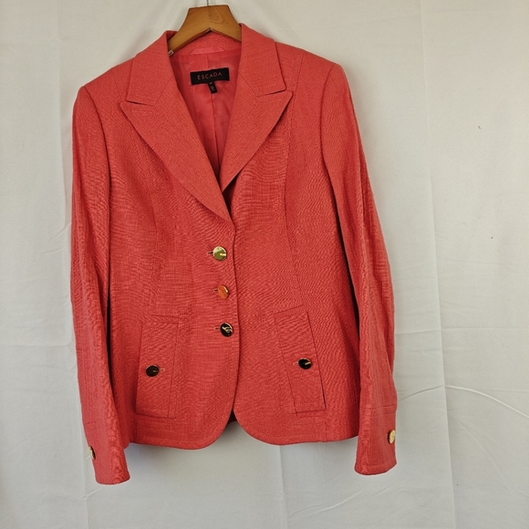 ESCADA Button Up Suit Blazer Jacket In Coral, Gold Buttons, Logo Size 38 Medium - Picture 1 of 16